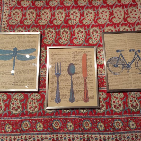 Set of 3 Nostalgic Looking Prints - Dragonfly, Cutlery and Bike - Picture 1 of 4